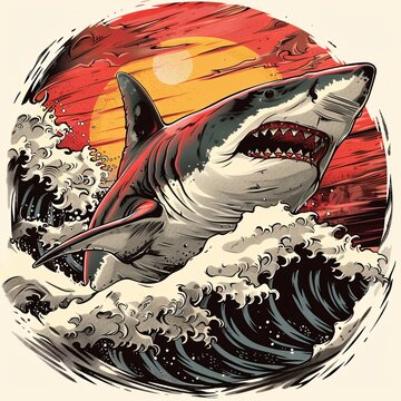A shark is swimming in the ocean with a sunset in the background