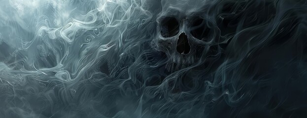 High-angle perspective of a human skull, mouth agape, surrounded by swirling fog and mist, dark and eerie background, detailed illustration with a ghostly ambiance