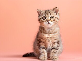 Adorable Scottish Fold Kitten Sitting on Pastel Peach Background