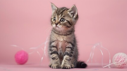 Adorable Kitten with Curious Expression Sitting on Pastel Pink Background