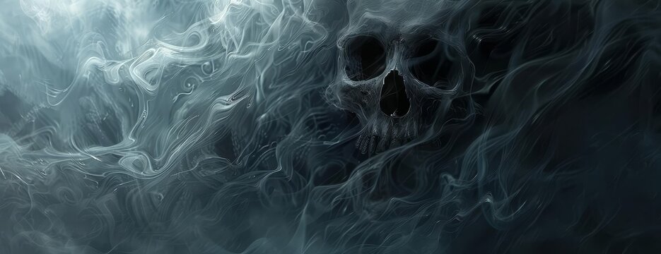 High-angle perspective of a human skull, mouth agape, surrounded by swirling fog and mist, dark and eerie background, detailed illustration with a ghostly ambiance