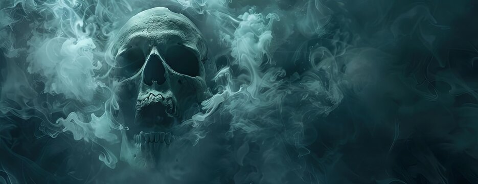 High-angle perspective of a human skull, mouth agape, surrounded by swirling fog and mist, dark and eerie background, detailed illustration with a ghostly ambiance