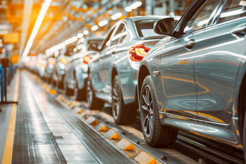 Fototapeta premium Mass production assembly line of modern cars in a busy factory