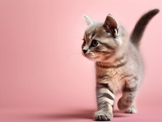Obraz premium Adorable British Shorthair Kitten Walking on Pastel Pink Background