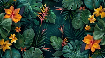 Fototapeta premium A lush tropical foliage pattern with detailed monstera leaves, vibrant bird-of-paradise flowers, and interwoven vines, ideal for seamless wallpaper