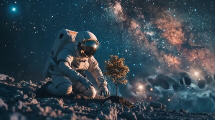 Obraz premium A lone astronaut tending to a newly planted tree under the shadow of Mars, with a breathtaking view of the Milky Way stretching across the sky