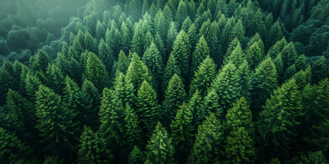 Fototapeta premium Aerial view of dense green forest with tall evergreen trees, lush foliage, and vibrant greenery showcasing the beauty of natural wilderness.