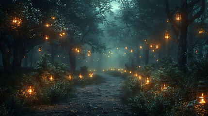  A spooky path through a dark forest, lit by glowing lanterns.