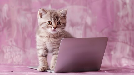 Cute Scottish Fold Kitten Standing with Laptop on Pastel Lilac Background