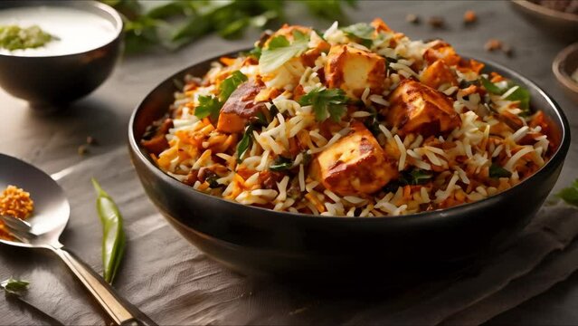 A delicious visual of paneer biryani featuring marinated cottage cheese and basmati rice. Concept Food Photography, Rice Dishes, Indian Cuisine, Vegetarian Recipes, Paneer Dishes