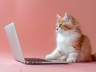 Cute Exotic Shorthair Kitten Working on Laptop in Pastel Pink Studio