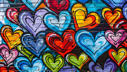Vibrant heart-shaped graffiti on urban brick wall with intricate details