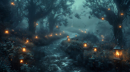 Obraz premium A spooky path through a dark forest, lit by glowing lanterns.
