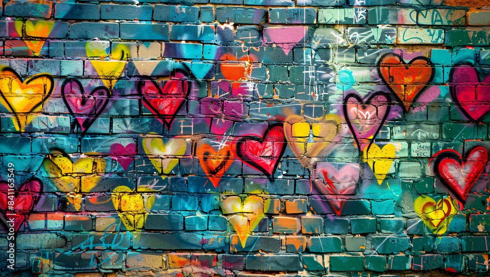 Wall mural Urban graffiti art of vibrant hearts on brick wall