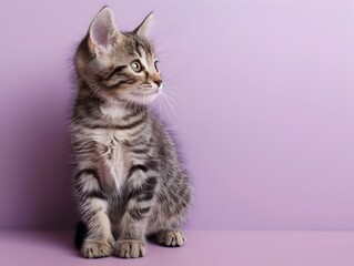 Adorable Gray Striped Kitten Sitting on Pastel Lavender Background