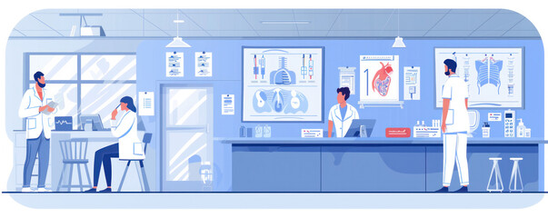 A group of people are in a medical office, with a man standing behind a desk. There are several posters on the walls, including one that says "Heart." The room is blue and white