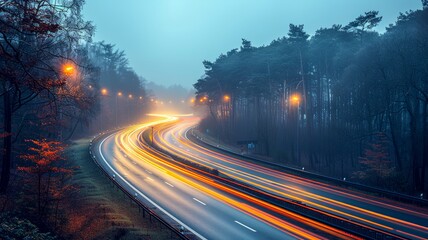Curved Highway at Night with Bright Light Trails Captured in Long Exposure Time Lapse Featuring Motion Blur and Dark Surroundings