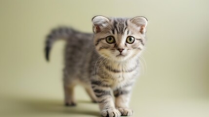 Naklejka premium Cute Scottish Fold Kitten Standing on Pastel Yellow Background