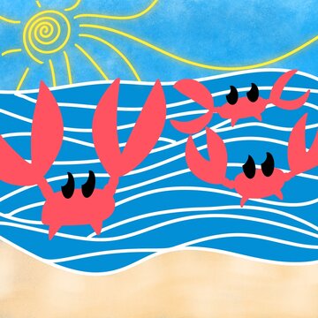 Experience the playful charm of summer with this minimalist illustration featuring three crabs, gentle waves, sandy shores, and a shining sun. Perfect for adding a touch of beach vibes to your space!