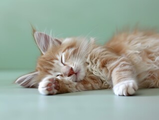 Adorable Sleeping American Curl Kitten on Tranquil Green Backdrop