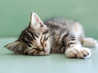Cozy Kitten Curled Up Peacefully Napping on Pastel Green Background