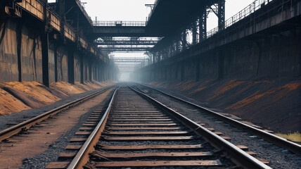 Fototapeta premium Eerie Silence: Vacant Coal Mines with Rusting Tracks and Empty Corridors, Generative AI