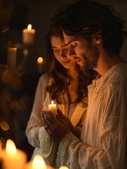 A couple is praying together by candlelight