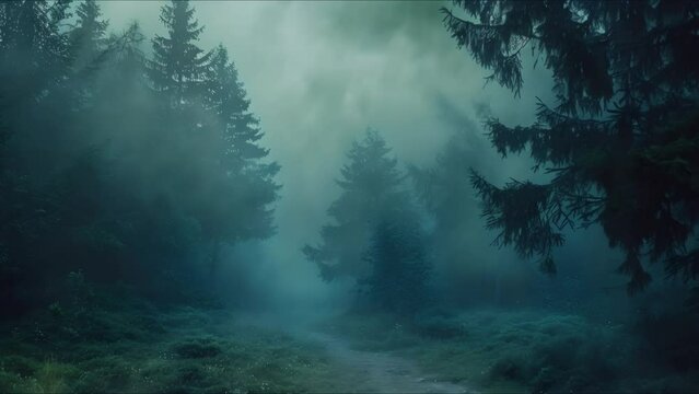 Enchanted forest at night with dense fog eerie and atmospheric ideal for horror. Concept Enchanted Forest, Night Photography, Eerie Atmosphere, Dense Fog, Horror Photography