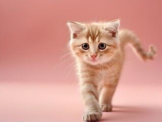 Fototapeta premium Adorable Scottish Fold Kitten Walking on Clear Pastel Blush Background