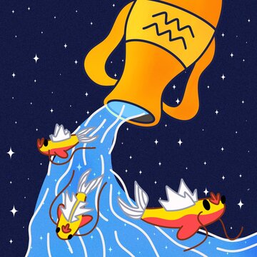 Discover the magic of Aquarius with this stunning illustration. A vase pours water under a starry sky, with three fish swimming below. Perfect for astrological themes and celestial designs.