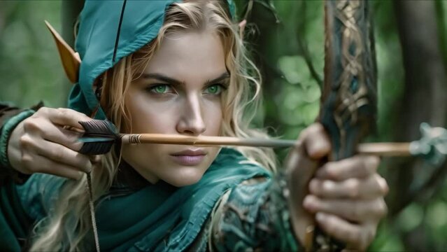 Elven archer with blonde hair and green eyes in forest setting. Concept Fantasy Character, Elven Archer, Blonde Hair, Green Eyes, Forest Setting