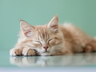Fototapeta premium Cute Sleeping Ragdoll Kitten on Pastel Green Background
