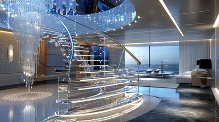 Modern foyer featuring a cascading staircase with translucent glass steps and a futuristic chandelier