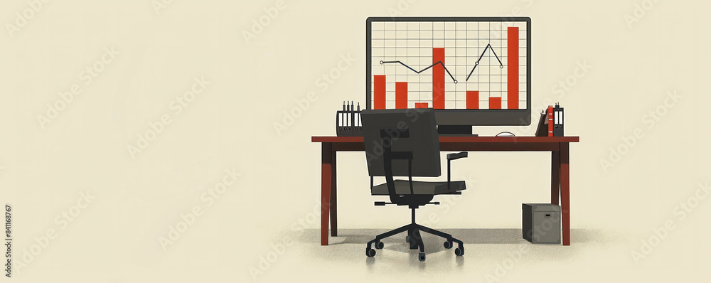 Poster a computer monitor with a red bar graph on it sits on a desk with a chair. the desk is cluttered wit