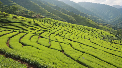 Fototapeta premium Scenic Tea Estate: Neatly Terraced Fields Stretching Across Hills, Generative AI