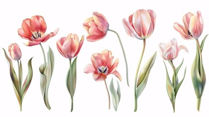 Fototapeta premium Collection of twig vernal tulip blossoms on a white background.