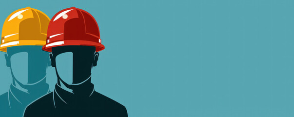 Two men wearing hard hats are standing in front of a blue background. Concept of safety and protection, as the men are wearing helmets, which are commonly associated with construction