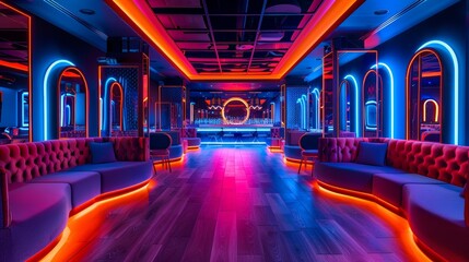 A modern nightclub with a futuristic design, illuminated dance floor, LED walls, and luxurious VIP booths with plush upholstery