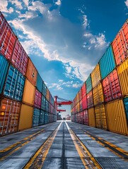 Fototapeta premium Stacked Cargo Containers at Scenic Shipping Port with Blue Sky Background