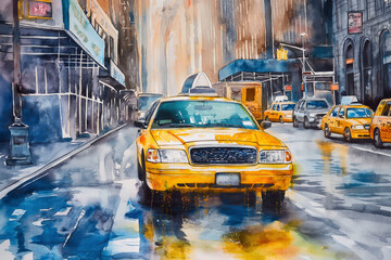 Fototapeta premium New York City street with taxi: watercolor art painting capturing urban landscape, architecture and the vibrant city life