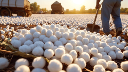 Obraz premium Cotton Harvest: Workers Gathering Fluffy White Bolls in the Golden Light, Generative AI