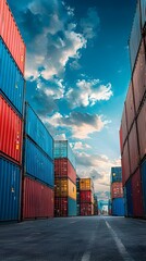Fototapeta premium Containers at the Bustling Shipping Port Reflect Global Trade and Logistics