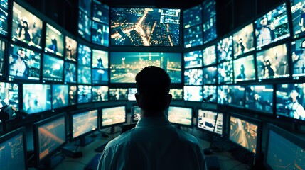 A security officer monitoring live feeds on a multi-screen setup in a high-tech control room