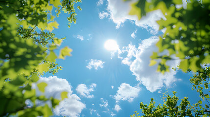 Obraz premium Beautiful blurred background image of spring nature with surrounded by trees against a blue sky with clouds on a bright sunny day