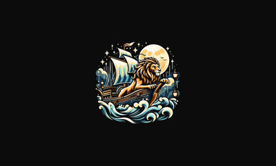 Fototapeta premium lion on ship night moon vector artwork design