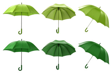 Obraz premium 2 Set of dark light green lime canopy umbrella parasol brolly, on transparent cutout PNG file. Many assorted different angles. Mockup template for artwork design