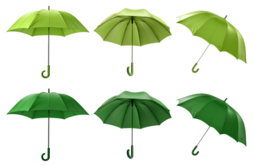 2 Set of dark light green lime canopy umbrella parasol brolly, on transparent cutout PNG file. Many assorted different angles. Mockup template for artwork design