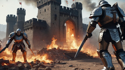Fototapeta premium Castle Raid: Armored Warriors Storming the Gates Amidst Chaos and Fire, Generative AI