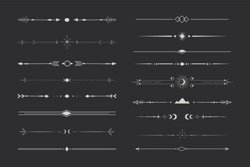 Silver celestial divider thin line border decoration. Collection tribal with moon, stars and arrows mystical separators. Modern ornament minimal set isolated on dark background.