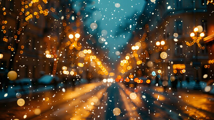Naklejka premium Beautiful blurred street of festive night or evening city with snowfall and Christmas lights. Abstract christmas defocused background